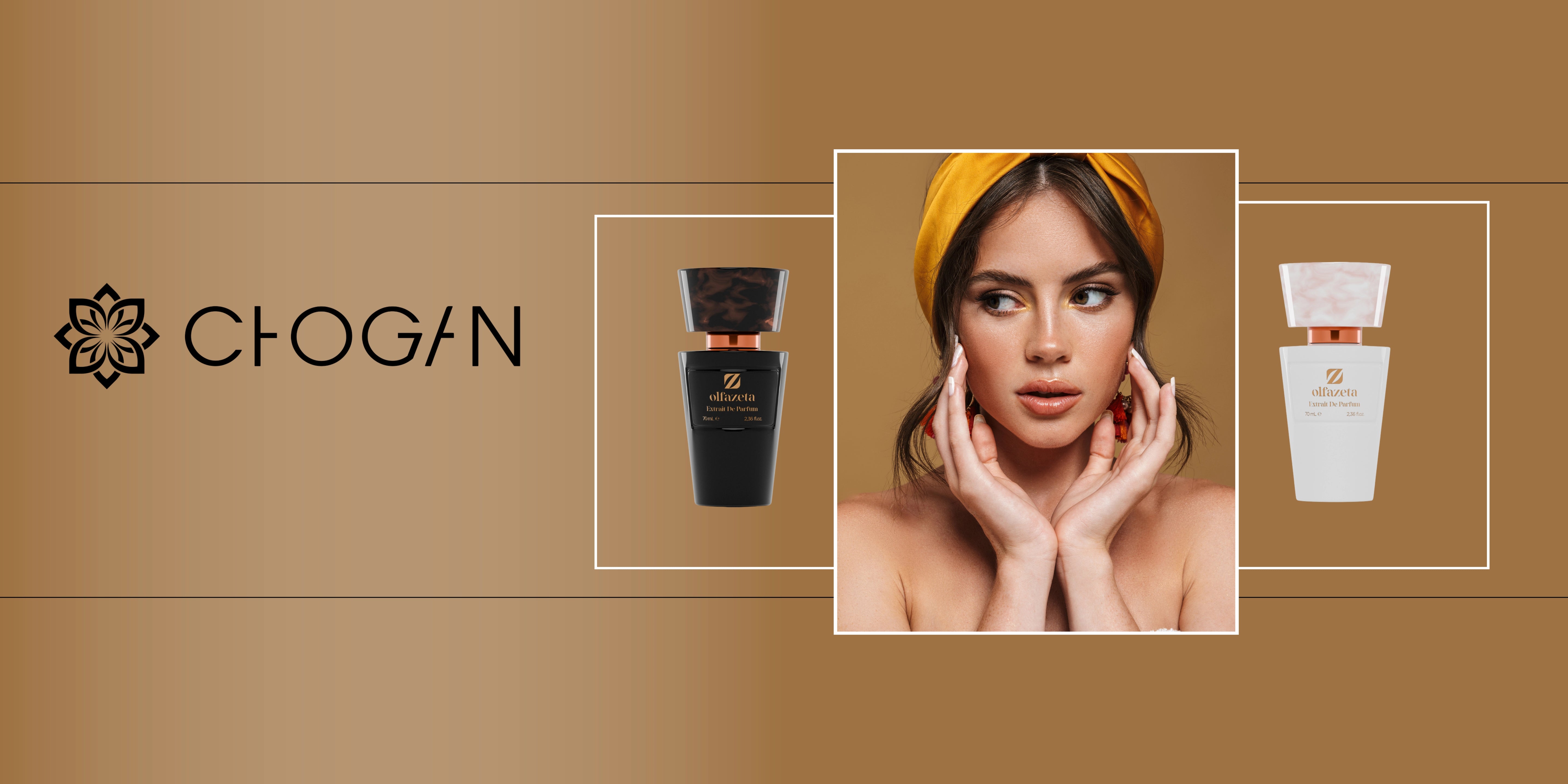 Chogan Parfüm Banner – eine Frau mit zwei Parfümflakons